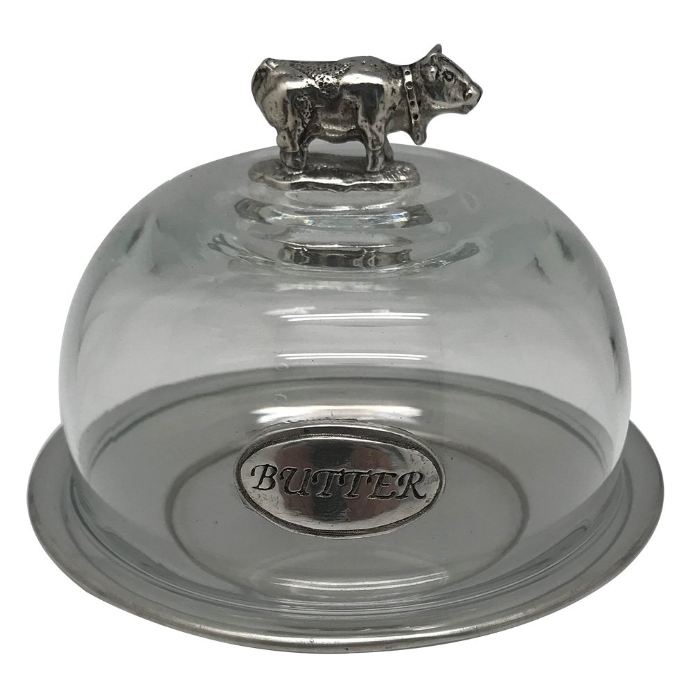 Pewter Butter Dish w/Glass Lid Cow Knob