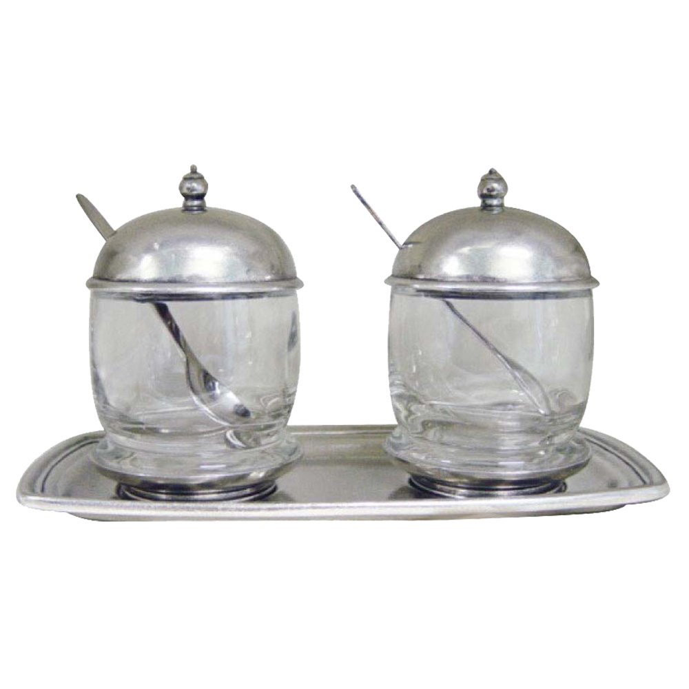 Glass Jars w/Pewter Lid, Spoon and Tray, PAIR