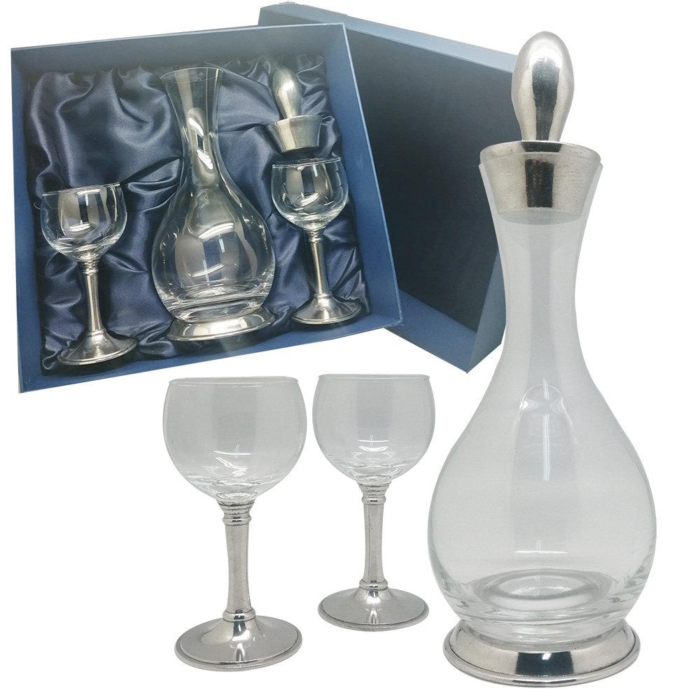 Wine Decanter & Goblet w/Pewter Stem, lid, set in Giftbox
