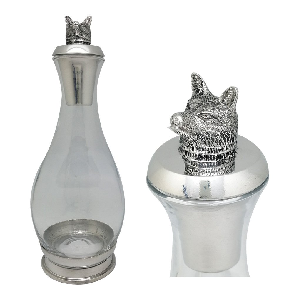 Wine Decanter w/Pewter Base, Collar & Stopper with fox figurine