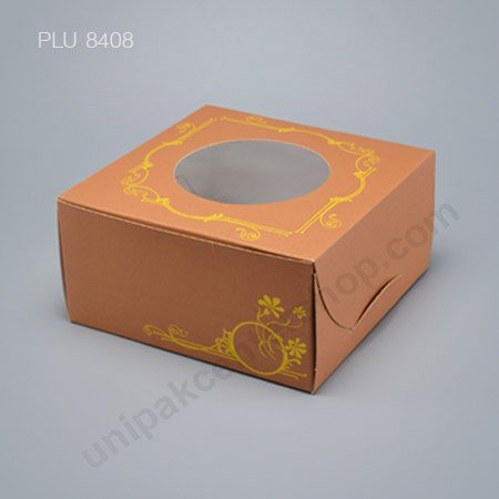 กล่องเค้ก กระดาษ 20x20x10cm สีน้ำตาลพิมพ์ลาย + เจาะหน้าต่าง (CB-224)