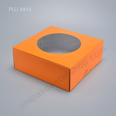 กล่องเค้ก กระดาษ 26x26x10cm สีส้ม + เจาะหน้าต่าง (3 ปอนด์)