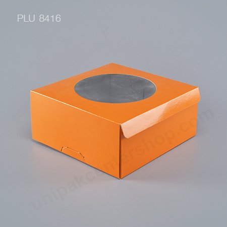 กล่องเค้ก กระดาษ 20.5x20.5x8.5cm สีส้ม + เจาะหน้าต่าง (1 ปอนด์)