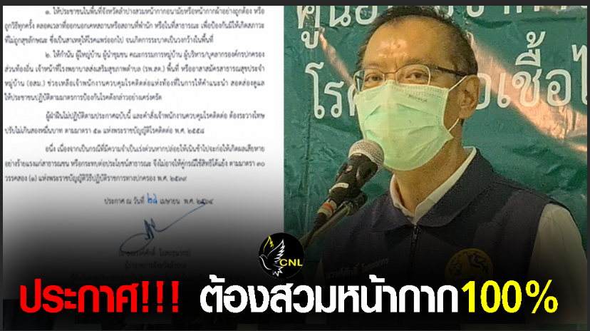 ผู้ว่าฯลงนามประกาศ-ประชาชนต้องสวมหน้ากาก100%-ป้องกันการแพร่ระบาดโควิด-19-ฝ่าฝืนปรับไม่เกินสองหมื่น