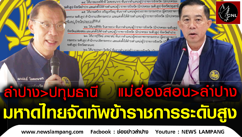 มหาดไทยจัดทัพข้าราชการระดับสูง โยกผู้ว่าลำปางคุมปทุมธานีเขตปริมณฑล ส่วน ผู้ว่าแม่ฮ่องสอนย้ายมาลำปาง