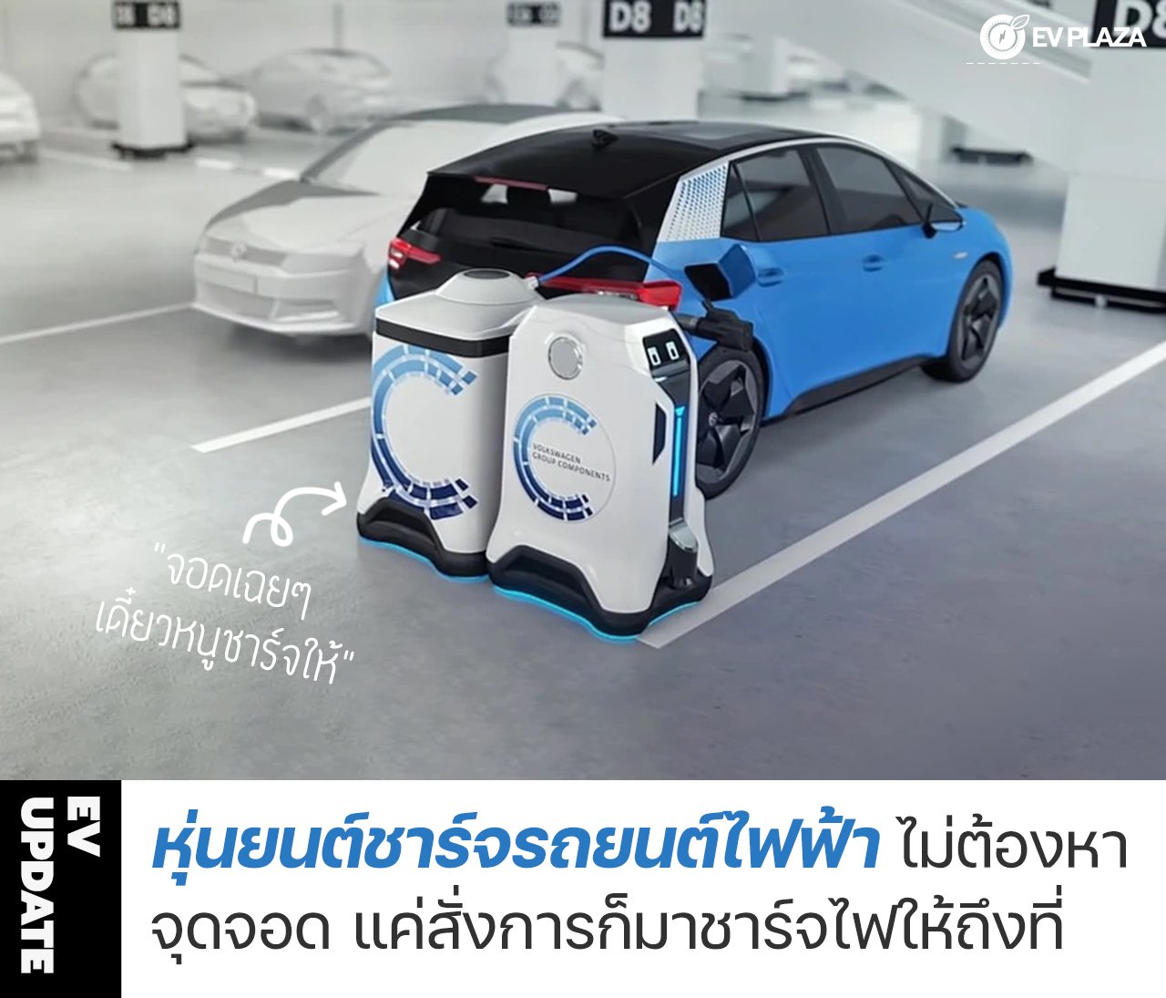 Volkswagens นำเสนอหุ่นยนต์ต้นแบบชาร์จรถยนต์ EV ที่ตอบโจทย์พฤติกรรมการใช้งานของเจ้าของรถได้อย่างน่าสนใจ นั่นก็คือหุ่นยนต์ตัวนี้จะเคลื่อนที่ไปยังรถที่ต้องการชาร์จไฟโดยที่ผู้ใช้งานสั่งการผ่านแอปหรือเชื่อมต่อกับเน็ตเวิร์ค V2X เท่านั้น ซึ่งไม่เพียงแต่จะเพิ่มคว