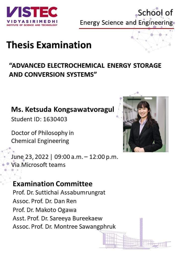 Thesis Defense Examinations On 23 June 2022 (Thursday) School of Energy Science and Engineering will hold Thesis Examination for Ms. Ketsuda Kongsawatvoragul, Ph.D. Student (Doctor of Philosophy in Chemical Engineering)