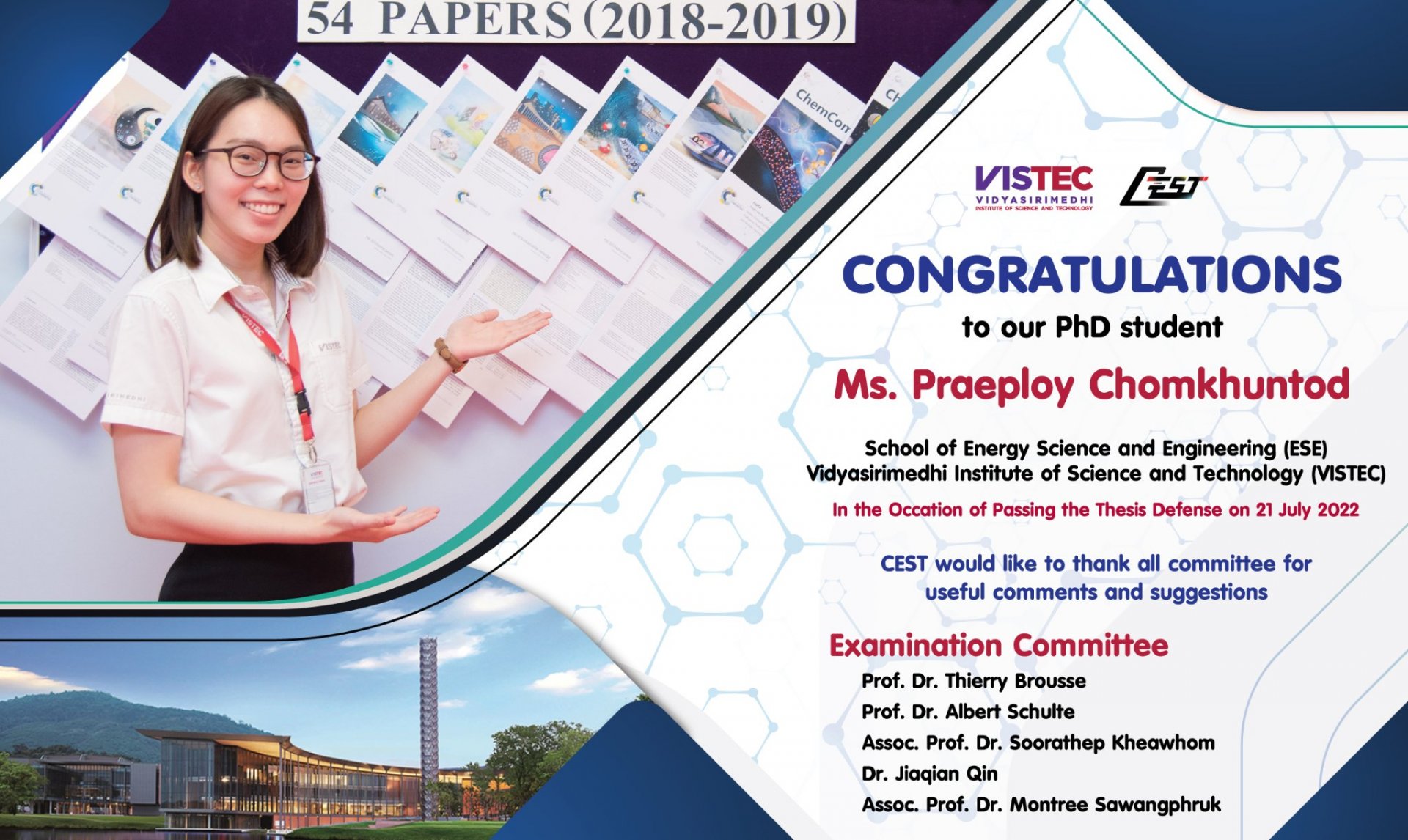 CONGRATULATIONS !!! to our PhD student Ms. Praeploy Chomkhuntod School of Energy Science and Engineering (ESE) Vidyasirimedhi Institute of Science and Technology (VISTEC) In the Occation of Passing the Thesis Defense on 21 July 2022