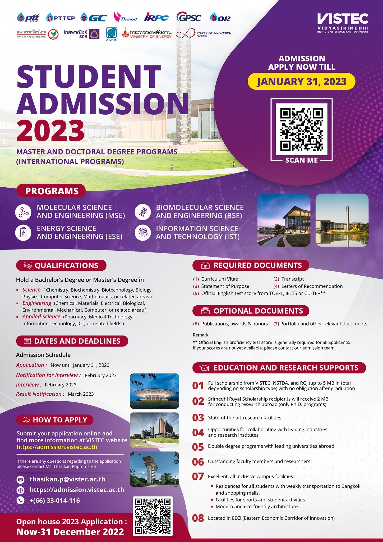 On behalf of VISTEC Admission Team, we would like to announce that VISTEC Admission 2023 is NOW OPEN!!, and we are ready to search for new talented students to join our research community. Check out for more details at https://admission.vistec.ac.th/