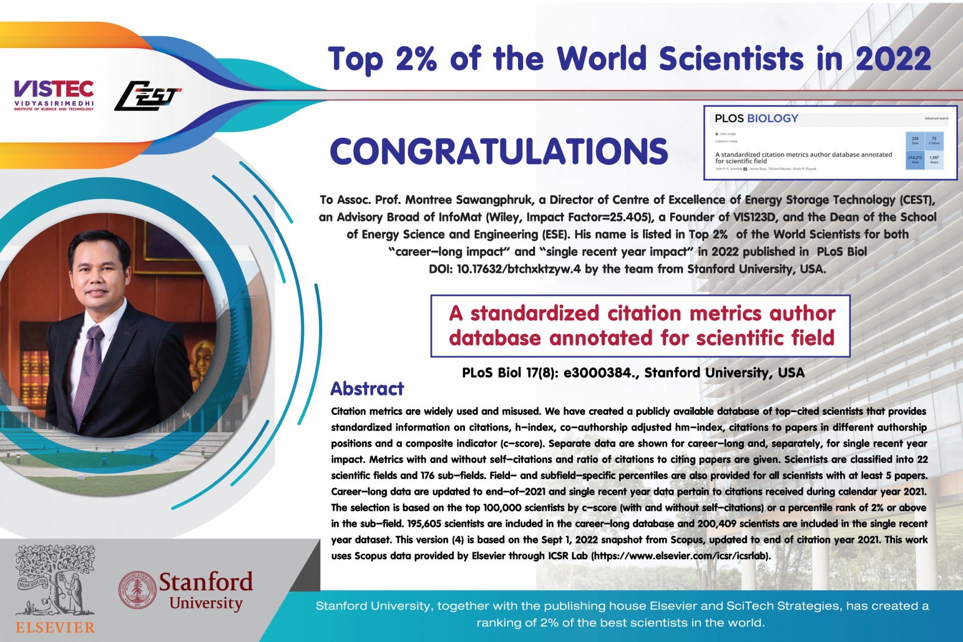 Top 2%  of the World Scientists in 2022  Congratulations To Assoc. Prof. Montree Sawangphruk, a Director of Centre of Excellence of Energy Storage Technology (CEST), an Advisory Broad of InfoMat (Wiley, Impact Factor=25.405), a Founder of VIS123D, and the