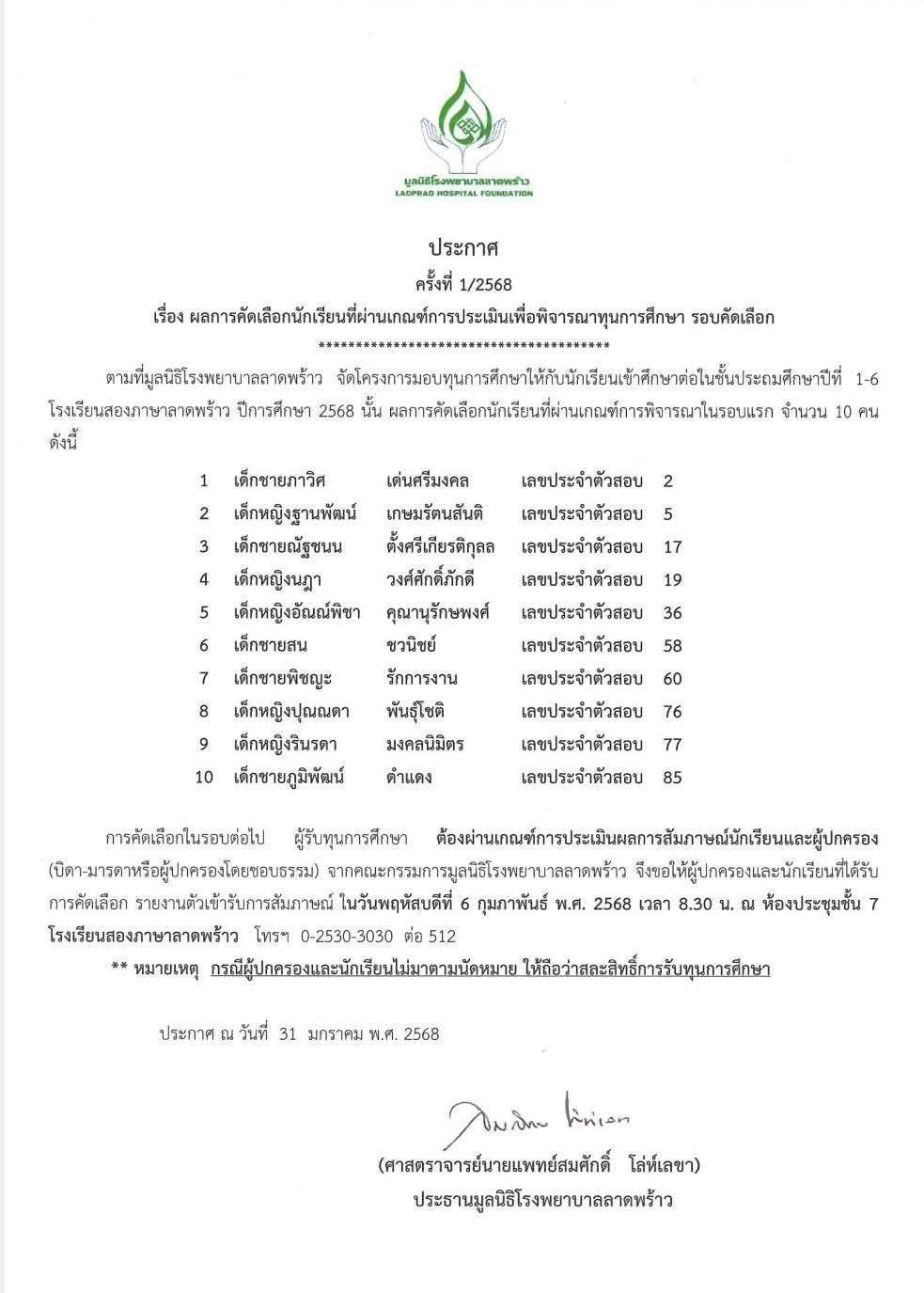 เรื่อง ผลการคัดเลือกนักเรียนที่ผ่านเกณ์การประเมินเพื่อพิจารณาทุนการศึกษา รอบคัดเลือก