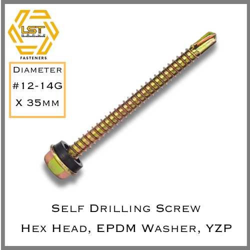 สกรูปลายสว่าน แหวน EPDM ชุบรุ้ง Self Drilling Screw Yellow Zinc Plated เบอร์ #12-14G X 35