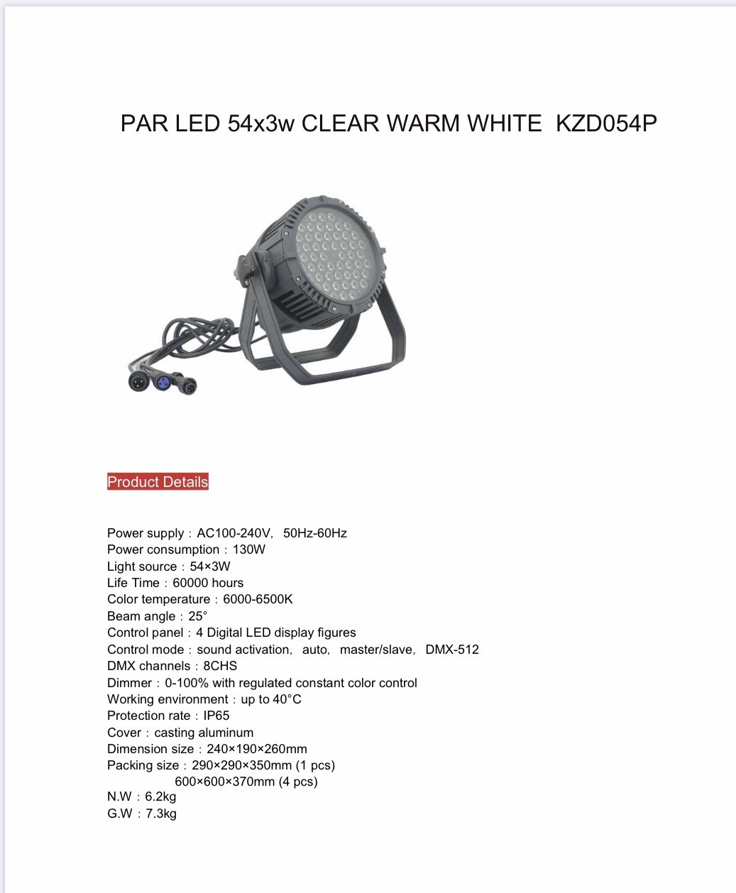 PAR LED 54x3w Waterproof WARM WHITE