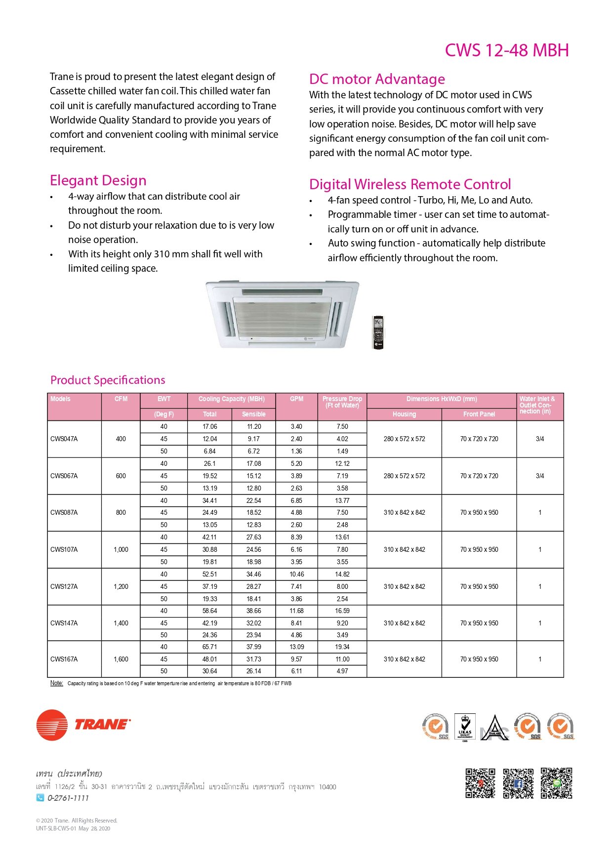 Catalog โบรชัวร์แอร์ TRANE คอยล์น้ำเย็น Chilled Water Fan Coil แบบ4ทิศ