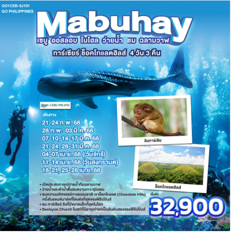 GO Philippines Mabuhay เซบู ออสลอบ โบโฮล ว่ายน้ำลชมฉลามวาฬ ทาร์เซียร์ ช็อคโกแลตฮิลส์ 4 วัน 3 คืน  - 5J