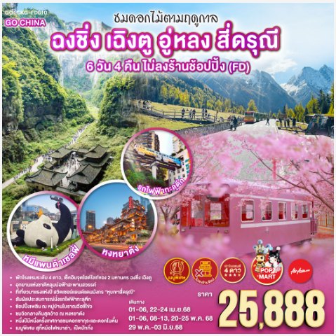 ชมเทศกาลดอกไม้ตามฤดูกาล ฉงชิ่ง เฉิงตู อู่หลง สี่ดรุณี 6 วัน 4 คืน ไม่ลงร้านช้อปปิ้ง-FD