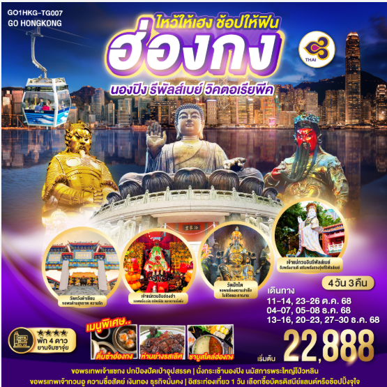 ไหว้ให้เฮง ช้อปให้ฟิน ฮ่องกง นองปิง รีพัลส์เบย์ วิคตอเรียพีค 4 วัน 3 คืน- TG