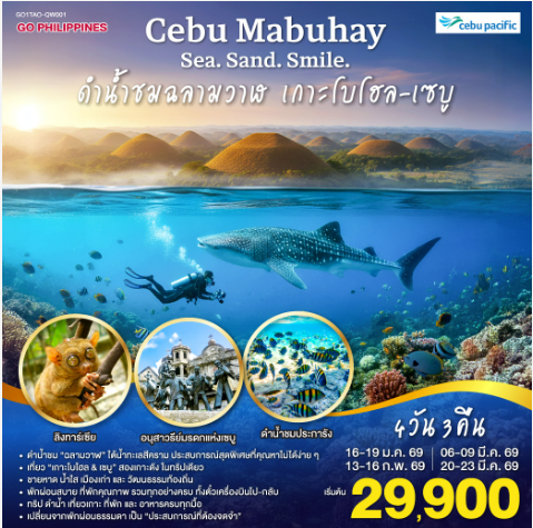 CEBU Mabuhay Sea. Sand. Smile. ดำน้ำชมฉลามวาฬ เกาะโบโฮล-เซบู 4วัน3คืน-5J