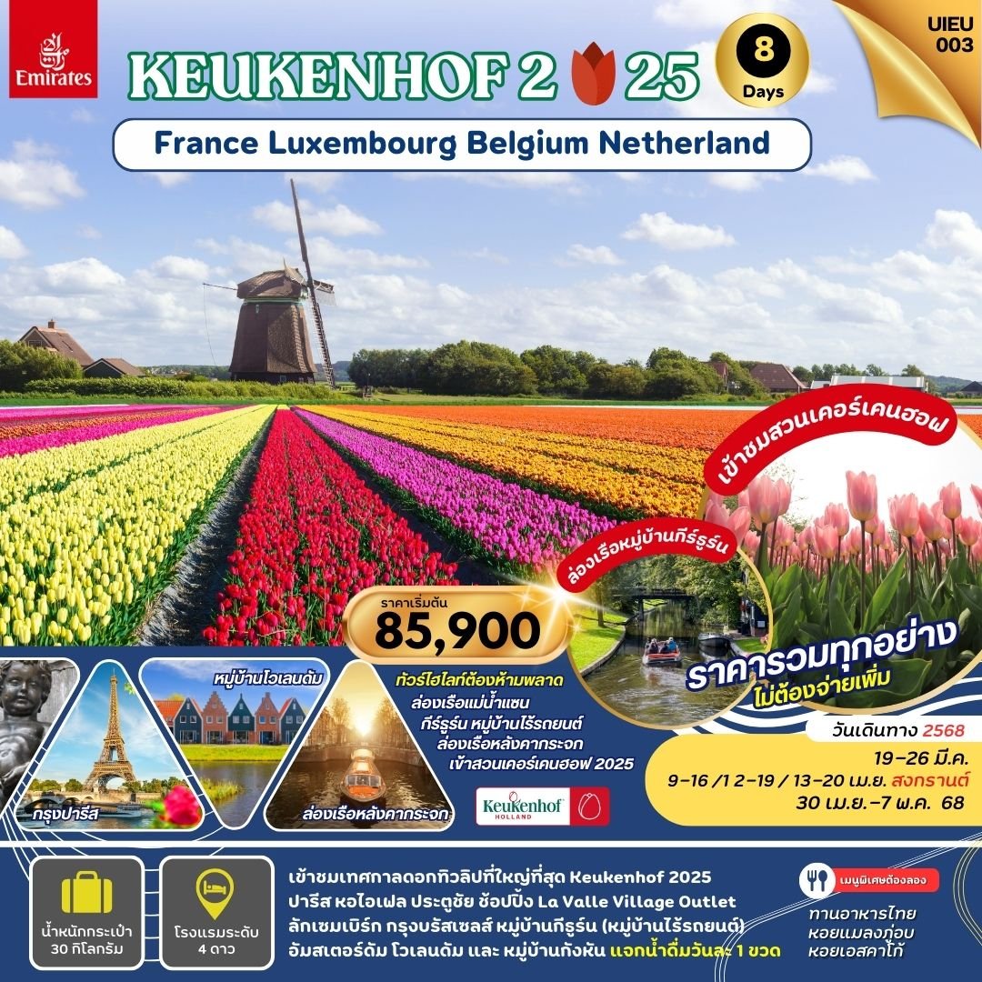 KEUKENHOF2025 ฝรั่งเศส ลักเซมเบิร์ก เบลเยี่ยม เนเธอร์แลนด์ 8 วัน-EK