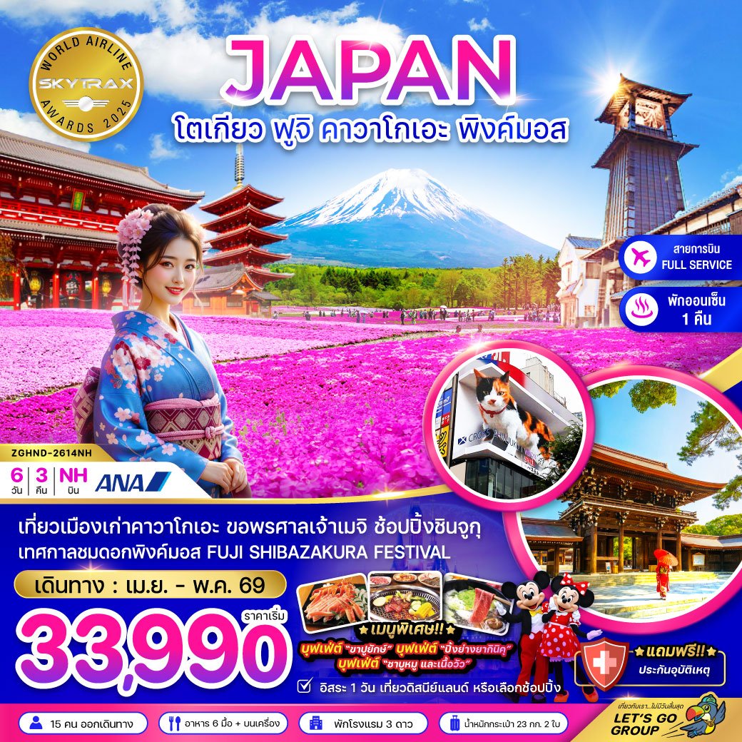 โตเกียว ฟูจิ คาวาโกเอะ พิงค์มอส (เที่ยวอิสระ 1 วัน) 6 วัน 3 คืน-NH