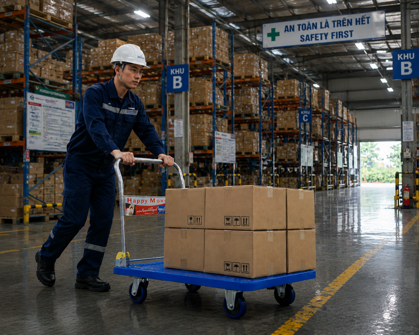 Hướng Dẫn Sử Dụng Xe Đẩy An Toàn Trong Nhà Máy Vào Mùa Mưa