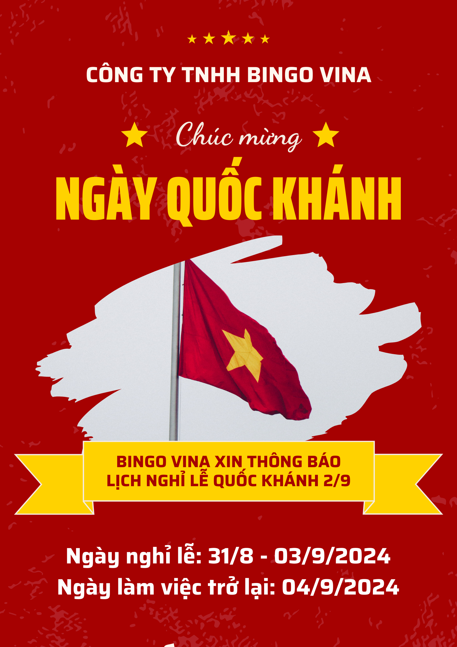 BINGO VINA THÔNG BÁO LỊCH NGHỈ LỄ QUỐC KHÁNH 2/9