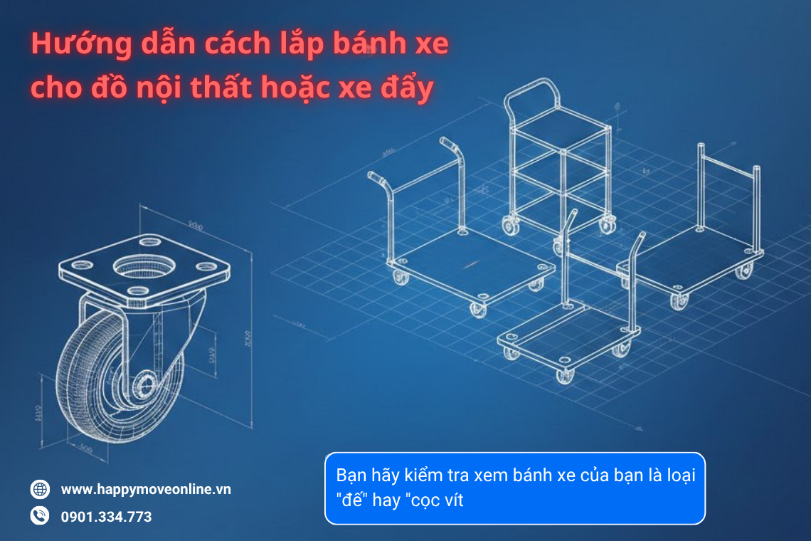 Hướng dẫn cách lắp bánh xe đẩy cho đồ nội thất hoặc xe đẩy.