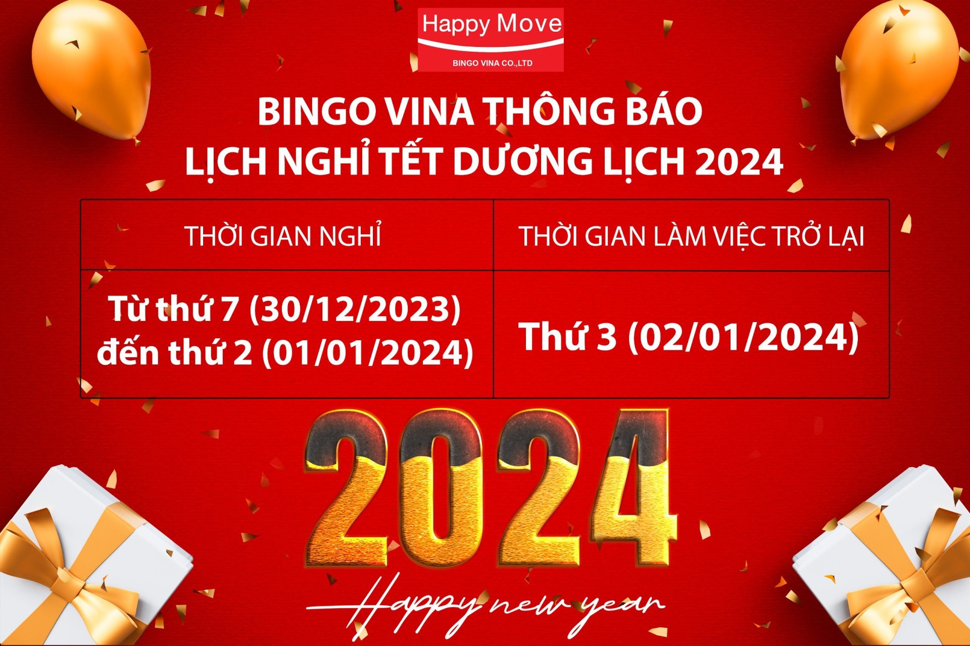 Bingo Vina thông báo lịch nghỉ Tết Dương Lịch 2024