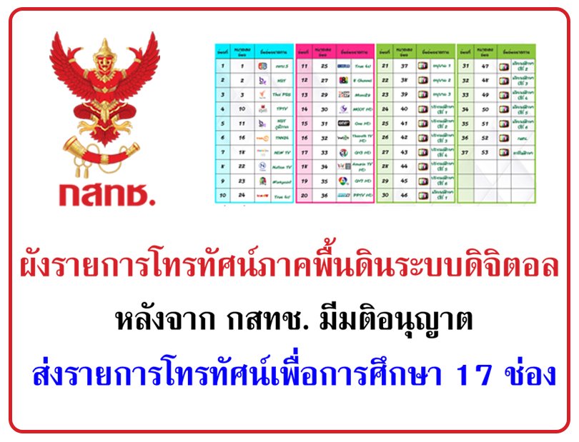 ผังรายการโทรทัศน์ภาคพื้นดินระบบดิจิตอล หลังจาก กสทช. มีมติอนุญาตส่งรายการโทรทัศน์เพื่อการศึกษา 17 ช่อง