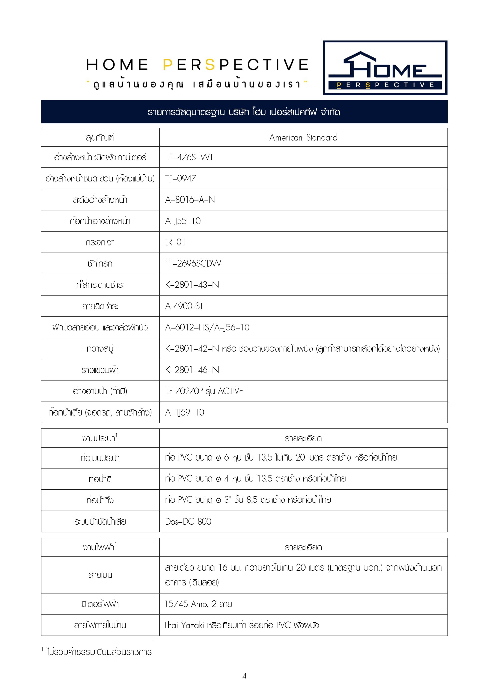รายการวัสดุมาตรฐาน บริษัท โฮม เปอร์สเปคทีฟ จำกัด 2025