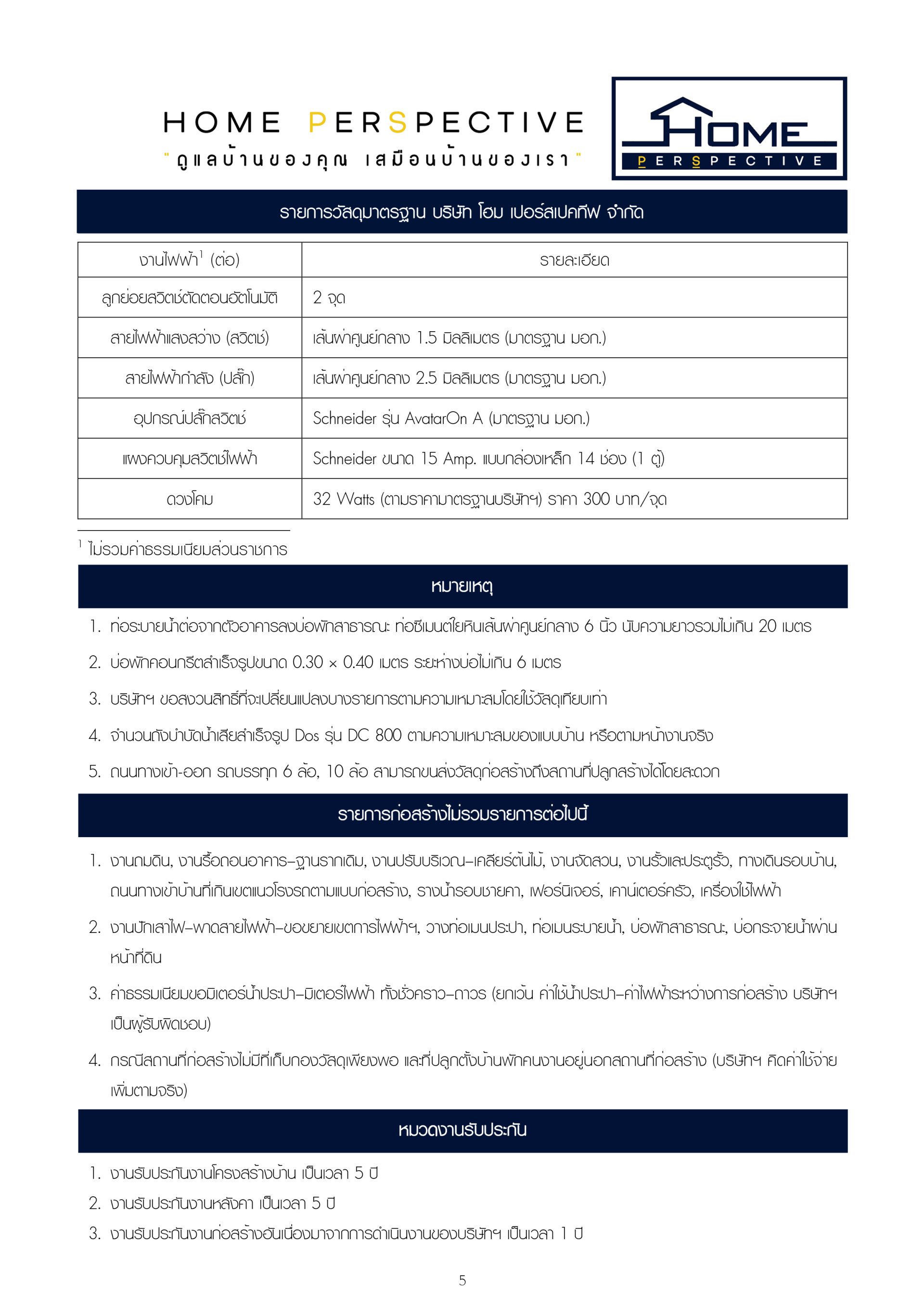 รายการวัสดุมาตรฐาน บริษัท โฮม เปอร์สเปคทีฟ จำกัด 2025