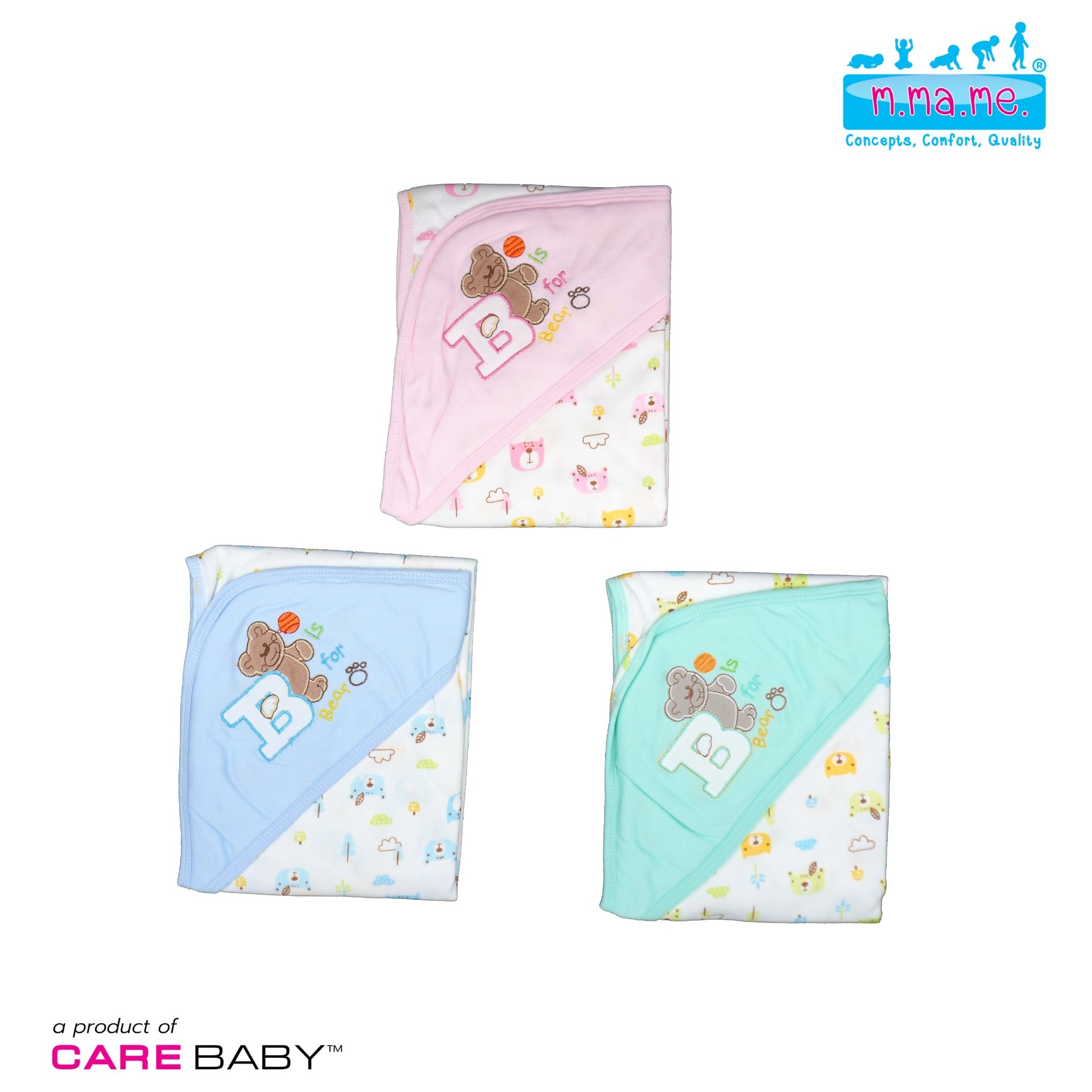 M.Ma.Me Hooded Interlock Blanket Embroidered Pattern B is for Bear