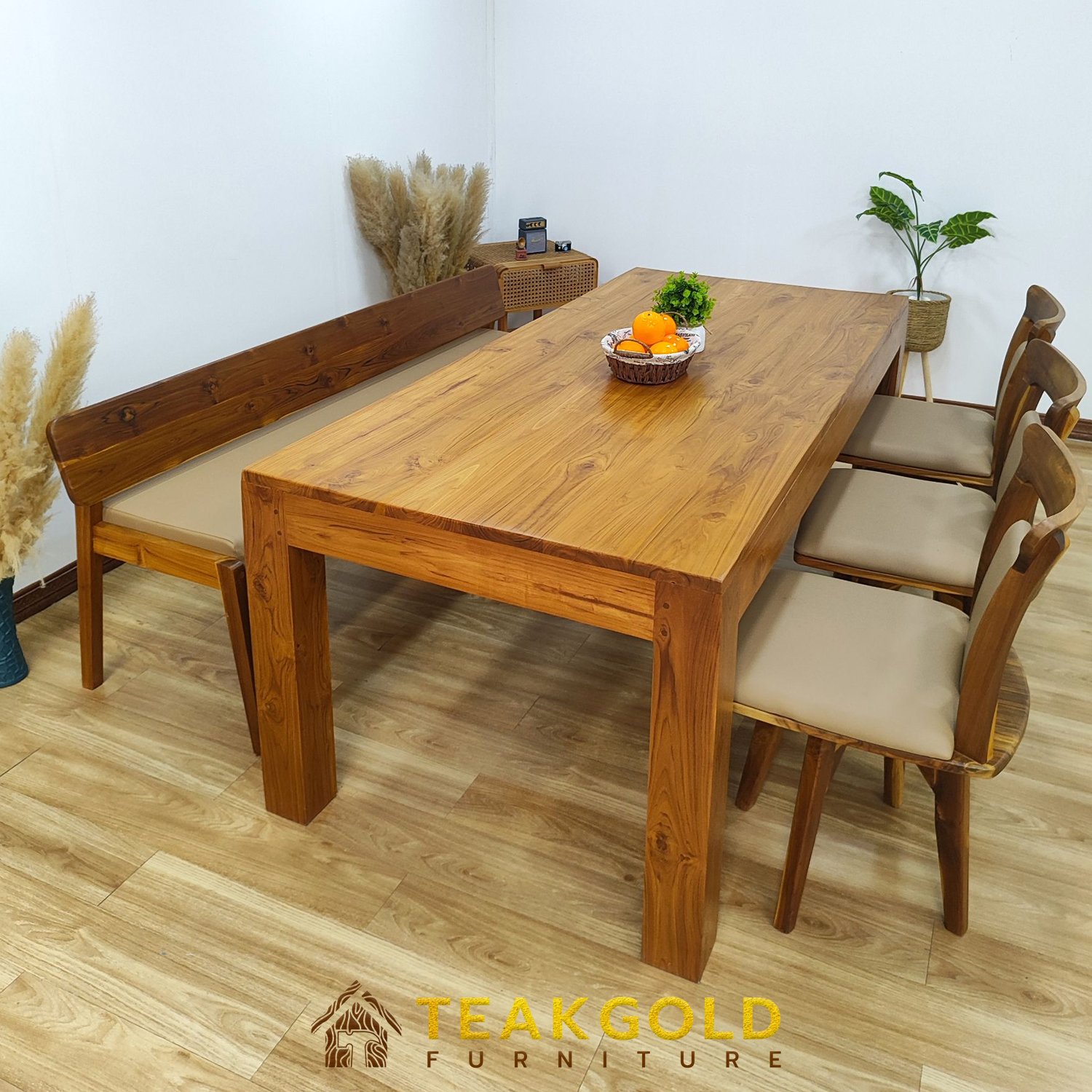 ชุดโต๊ะทานข้าวไม้สักโมเดิร์น แบบมีเบาะนั่ง_022