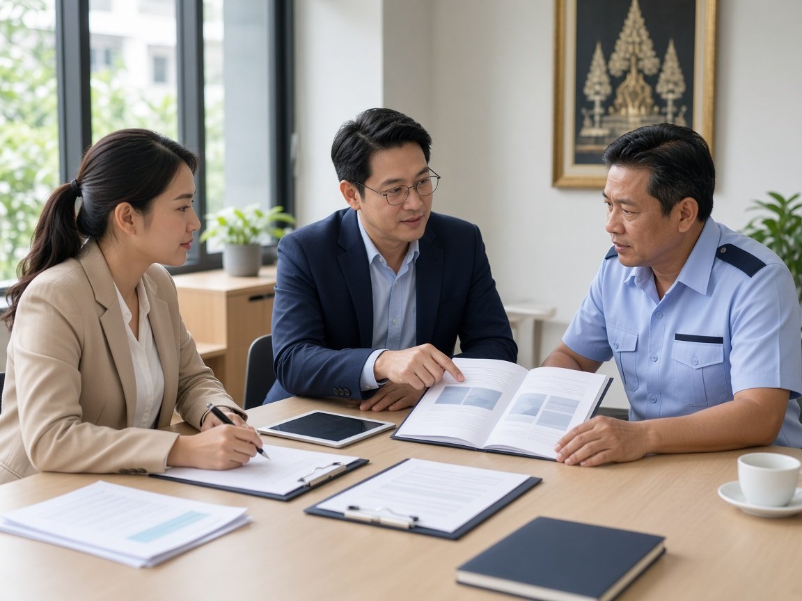 An HR officer, a procurement officer and a canteen supervisor reviewing a canteen service proposal at a meeting table with documents, a tablet and clipboards (illustration)