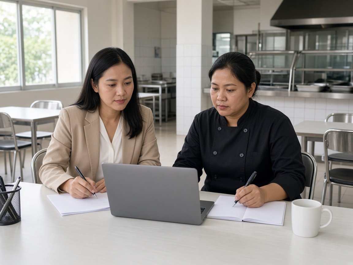 An HR officer and a canteen team lead in uniform sitting at a canteen table reviewing feedback on a laptop and taking notes to plan improvements (illustration)