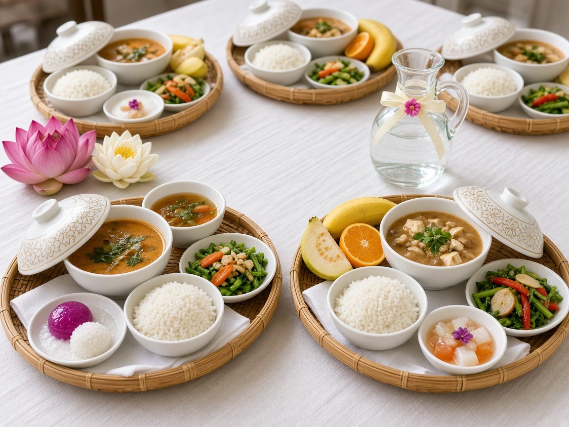 Food sets for monks on woven rattan trays on a white tablecloth, each with rice, curry, stir-fried vegetables, a Thai dessert and fruit in white lidded bowls, with a water jug and lotus flowers (illustration)