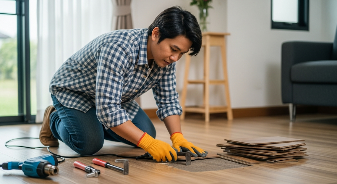 วิธีรื้อกระเบื้องยาง ทั้งแบบปูกาวและแบบคลิกล็อก