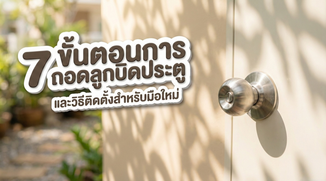 ภาพปกบทความแสดงลูกบิดประตูสแตนเลสและข้อความ 7 ขั้นตอนการถอดลูกบิดประตู และวิธีติดตั้งสำหรับมือใหม่