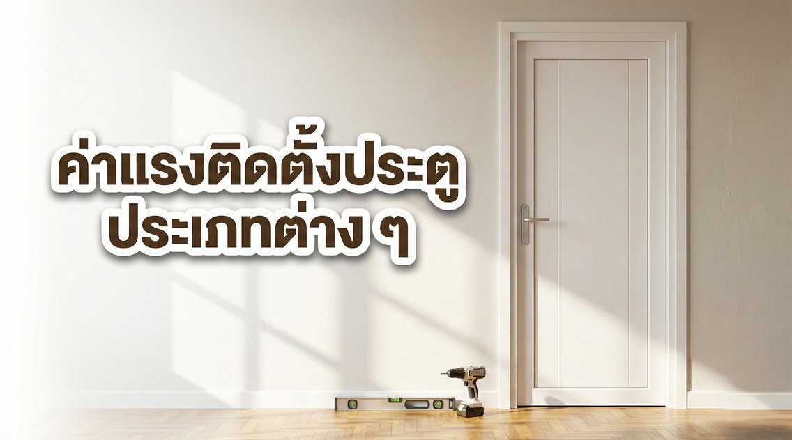 ภาพประกอบบทความหัวข้อ ค่าแรงติดตั้งประตู ประเภทต่าง ๆ มีรูปประตูสีขาว สว่านไฟฟ้า และระดับน้ำวางอยู่บนพื้นไม้