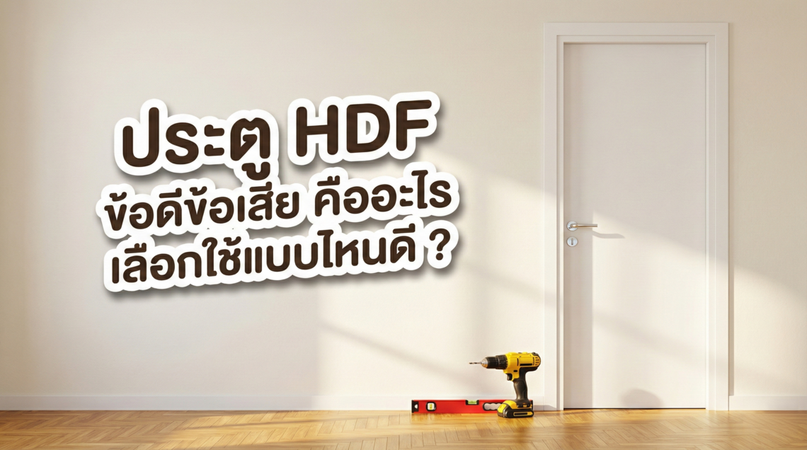 ภาพหน้าปกบทความที่มีข้อความพาดหัวว่า ประตู HDF ข้อดีข้อเสีย คืออะไร เลือกใช้แบบไหนดี พร้อมรูปประกอบประตูสีขาวและเครื่องมือช่าง