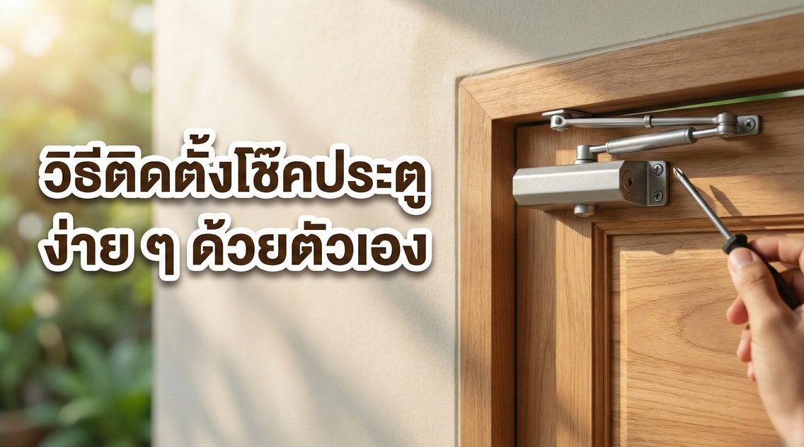 ภาพมือถือไขควงกำลังติดตั้งโช๊คอัพบนบานประตูไม้ พร้อมข้อความหัวข้อ วิธีติดตั้งโช๊คประตู ง่าย ๆ ด้วยตัวเอง