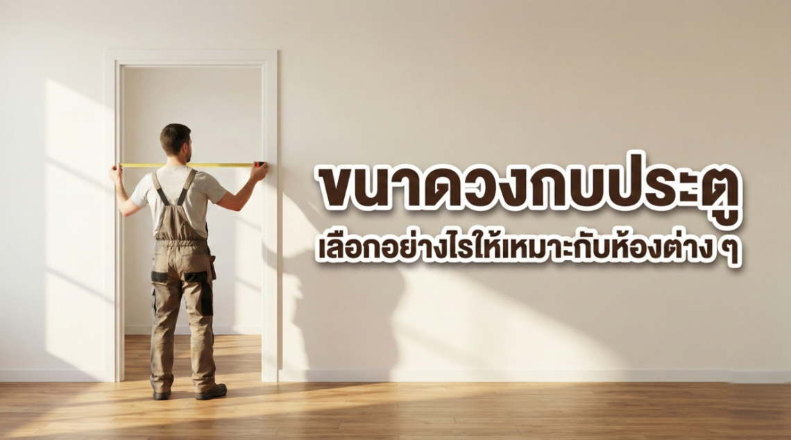ช่างกำลังยืนใช้ตลับเมตรวัดความกว้างของช่องประตู พร้อมข้อความหัวข้อเรื่อง ขนาดวงกบประตู เลือกอย่างไรให้เหมาะกับห้องต่าง ๆ