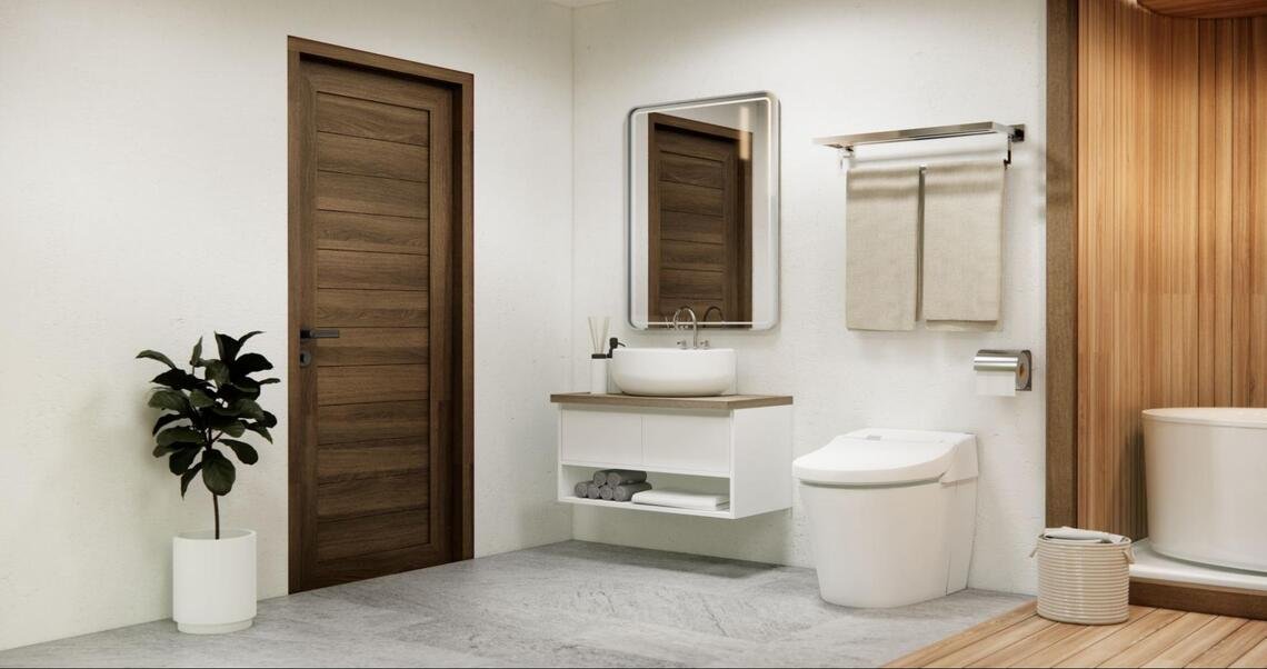 ตัวอย่างแบบประตูห้องน้ำไม้สีน้ำตาลเข้มในห้องน้ำสไตล์โมเดิร์น เป็นหนึ่งในไอเดียการเลือกวัสดุสำหรับผู้ที่กำลังหาคำตอบว่าประตูห้องน้ำควรใช้แบบไหน