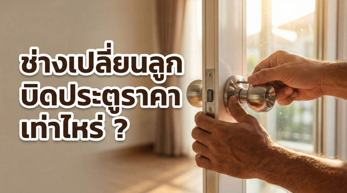 ภาพมือช่างกำลังใช้เครื่องมือติดตั้งหรือซ่อมแซมลูกบิดประตูสีเงินบนบานประตูสีขาว พร้อมข้อความประกอบว่า ช่างเปลี่ยนลูกบิดประตูราคาเท่าไหร่ ?