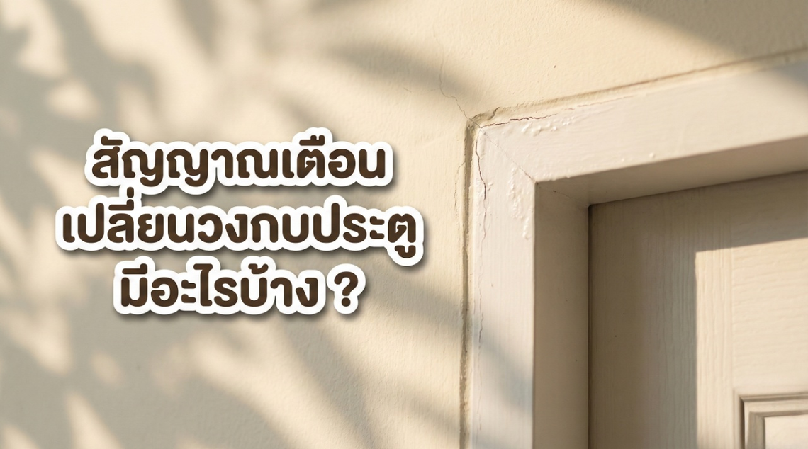 ภาพรอยร้าวบริเวณมุมวงกบประตูพร้อมข้อความ สัญญาณเตือนเปลี่ยนวงกบประตู มีอะไรบ้าง