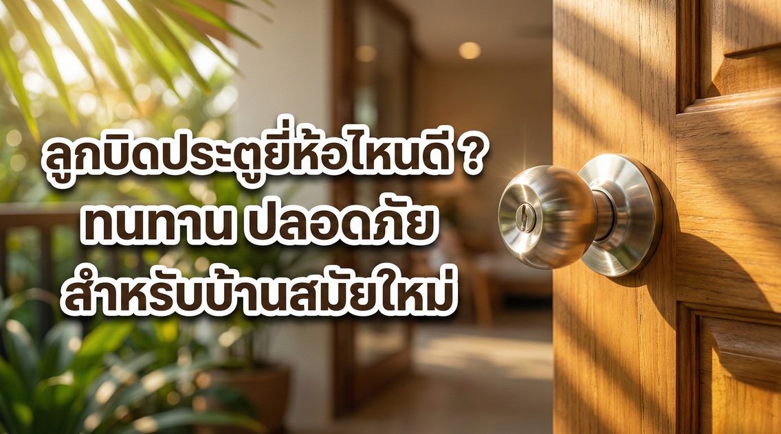 ภาพลูกบิดประตูสแตนเลสบนบานประตูไม้สีน้ำตาล พร้อมข้อความพาดหัวบทความว่า ลูกบิดประตูยี่ห้อไหนดี ทนทาน ปลอดภัย สำหรับบ้านสมัยใหม่