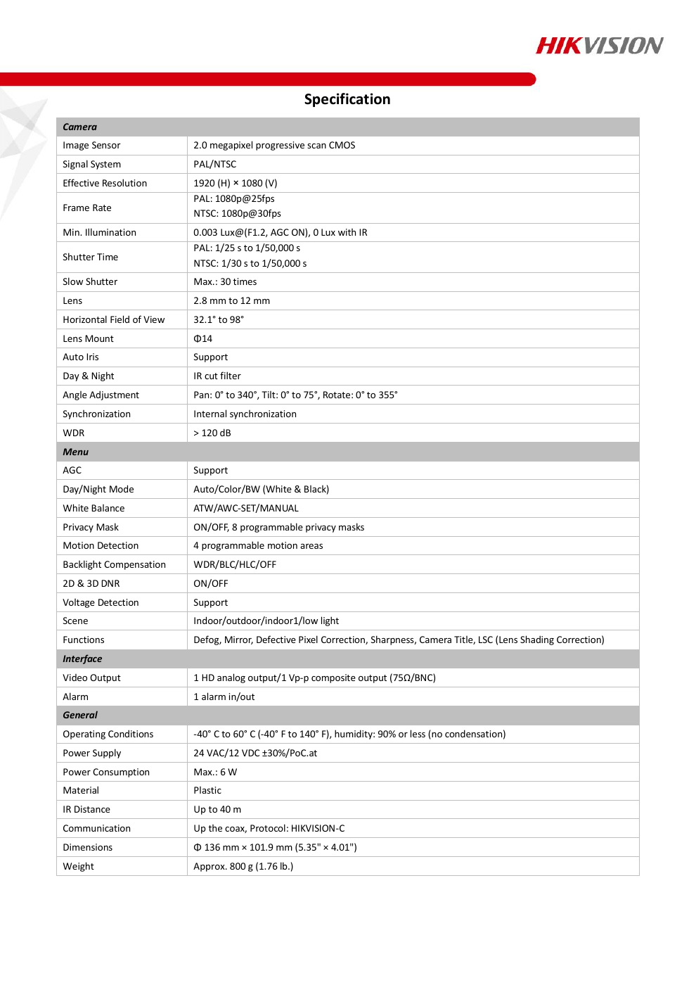 DS-2CC52D9T-AITZE specification page 2