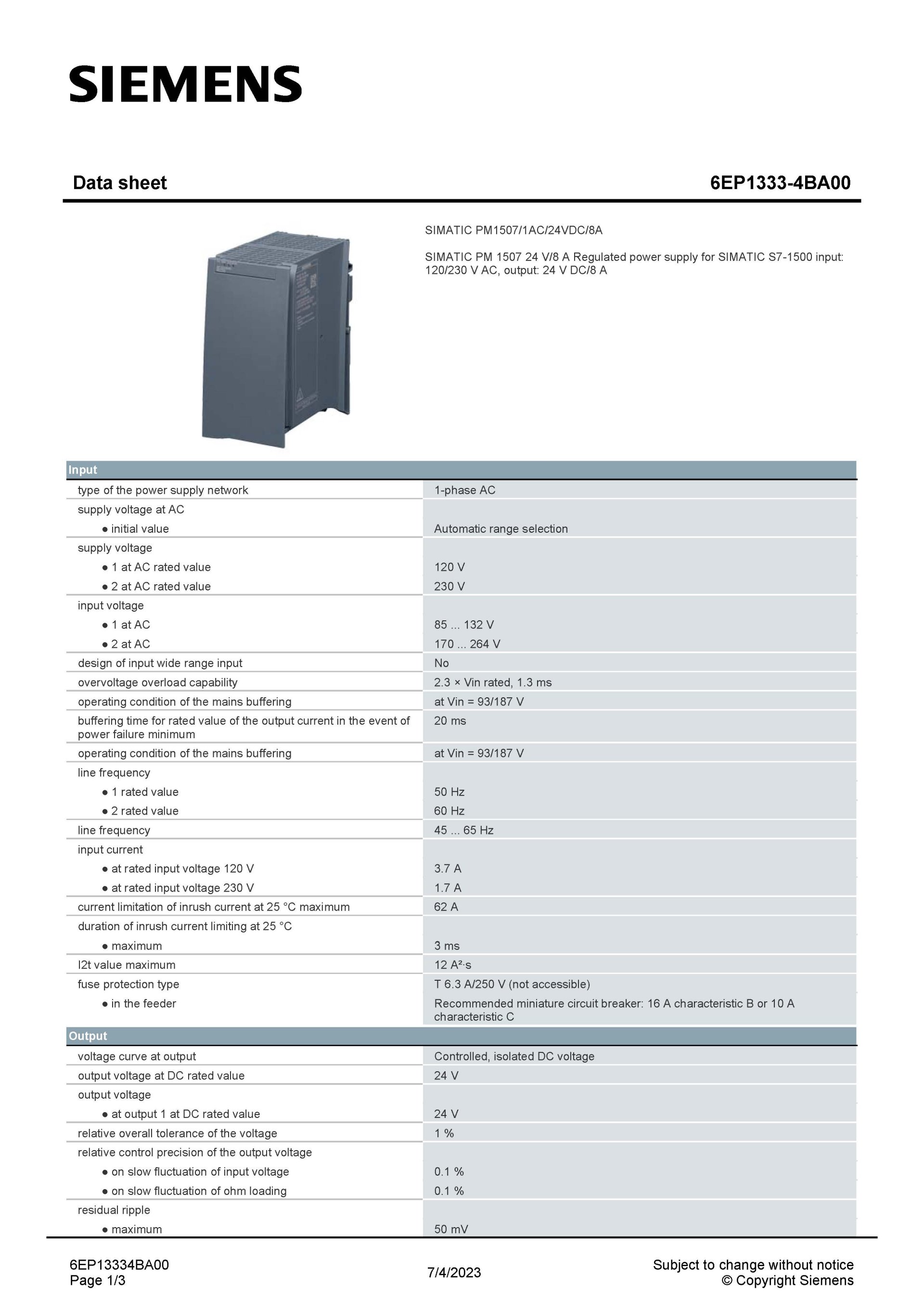 SIEMENS 6EP1333-4BA00 สเปกหน้า 1
