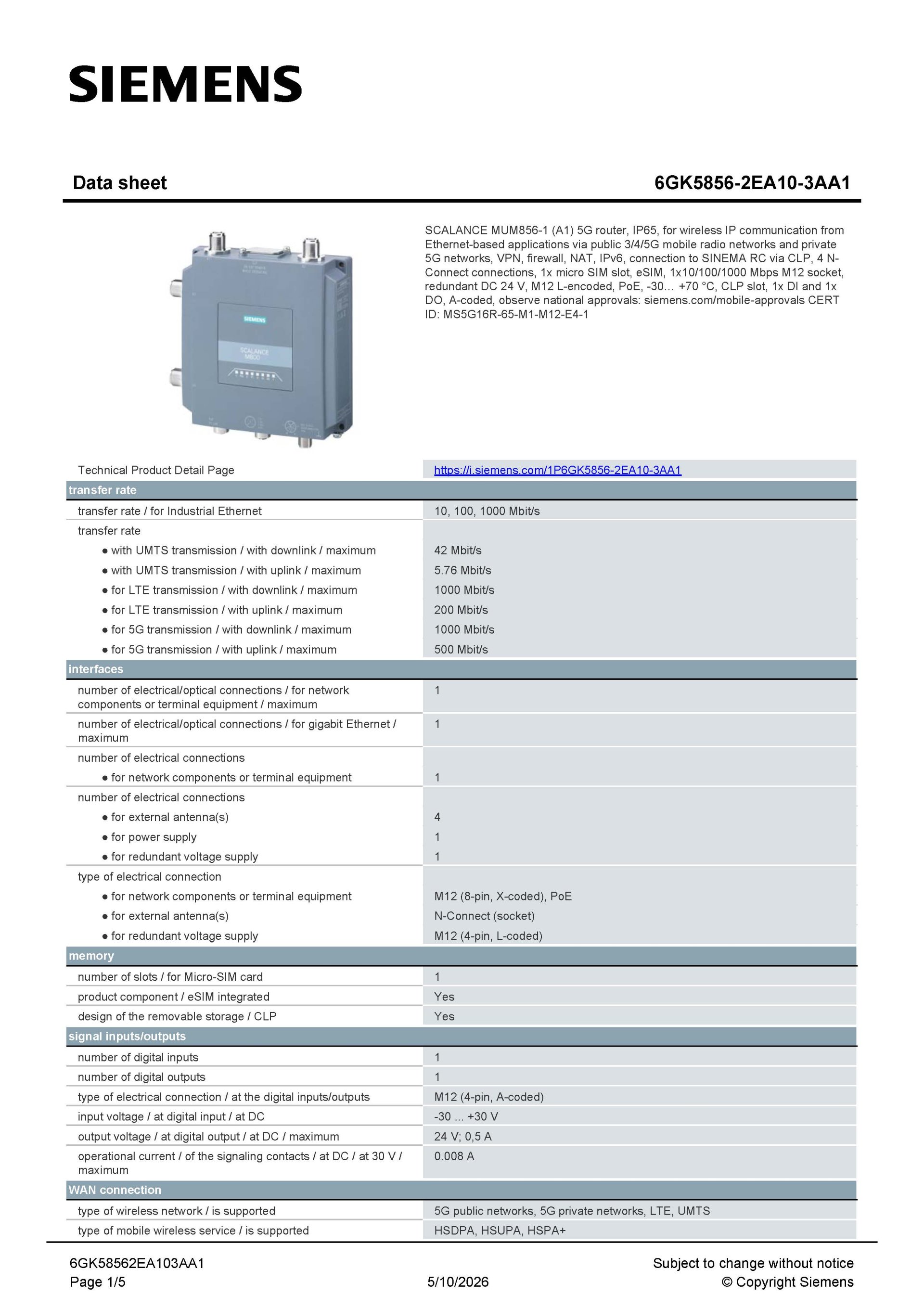 SIEMENS 6GK5856-2EA10-3AA1 สเปกหน้า 1