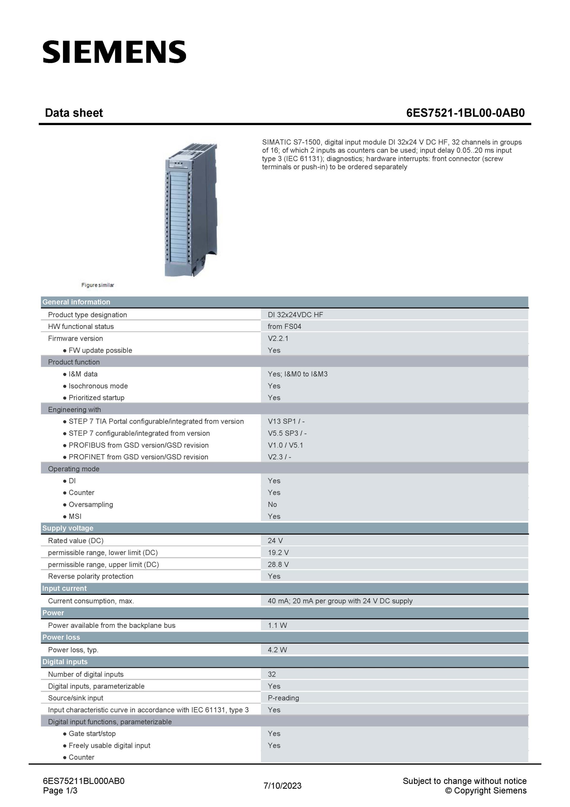 6ES7521-1BL00-0AB0 Data Sheet หน้า 1